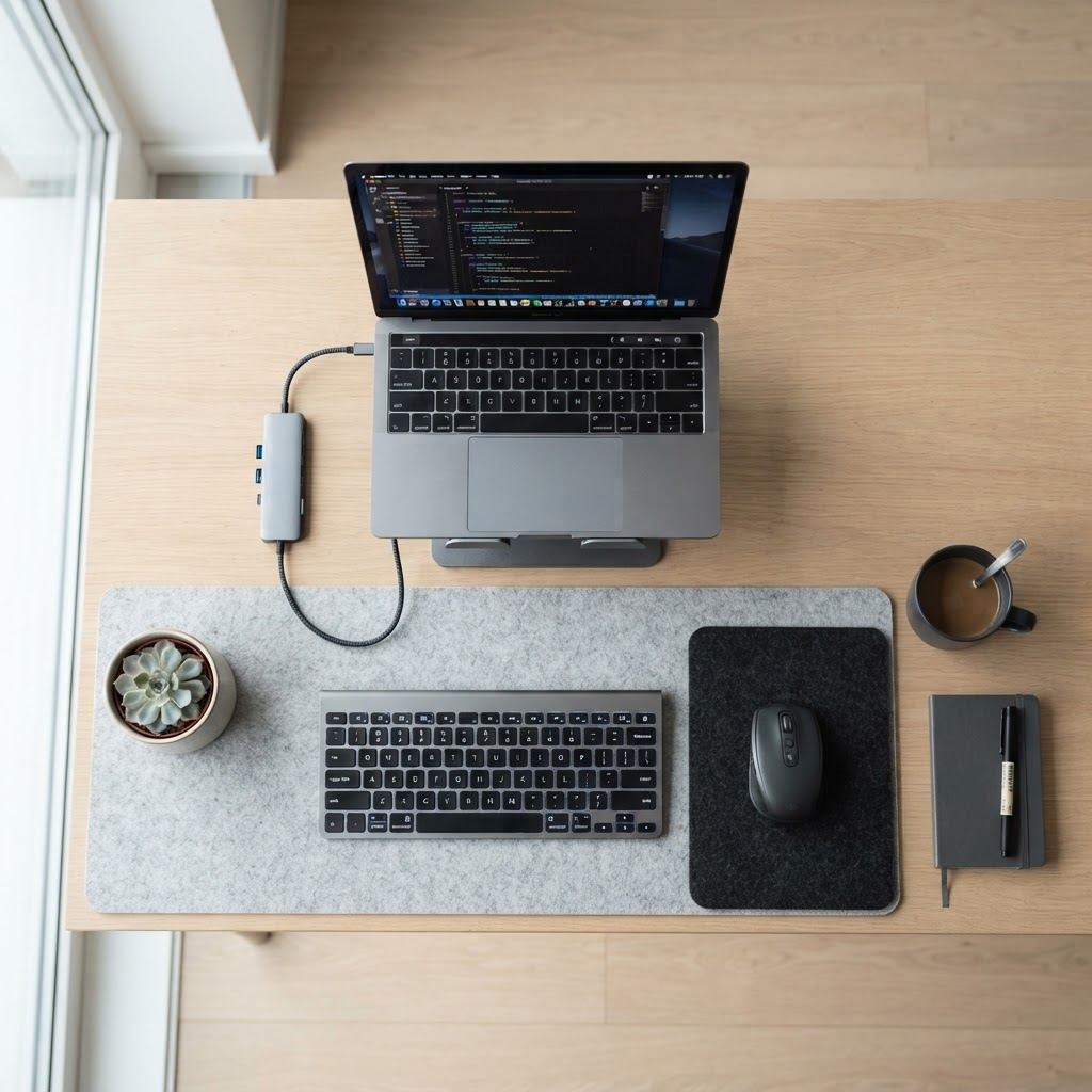 A minimal desk setup with a laptop, stand, hub, cable, mouse and keyboard
